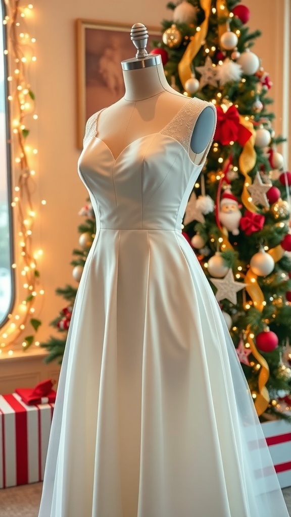 Elegant white Christmas dress on a mannequin with festive decorations.
